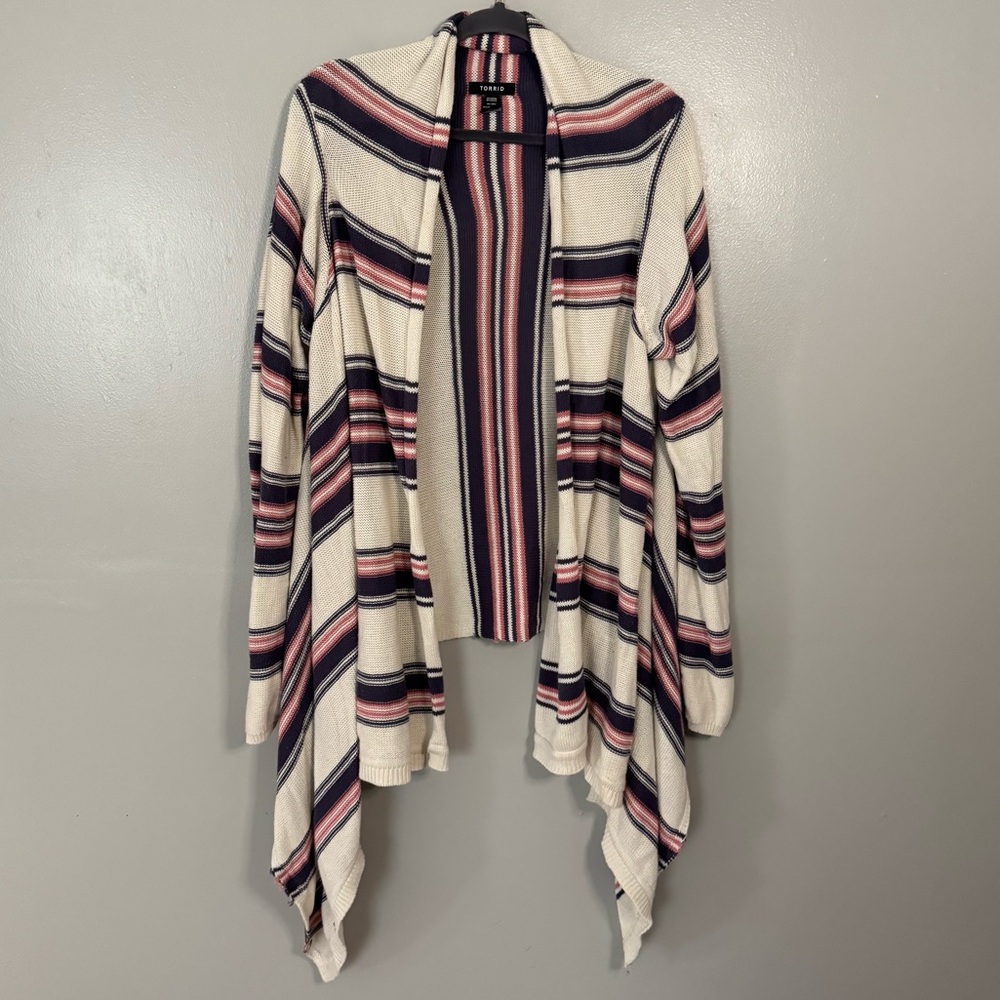 Torrid Striped Cardigan in Cream, Pink, and Blue